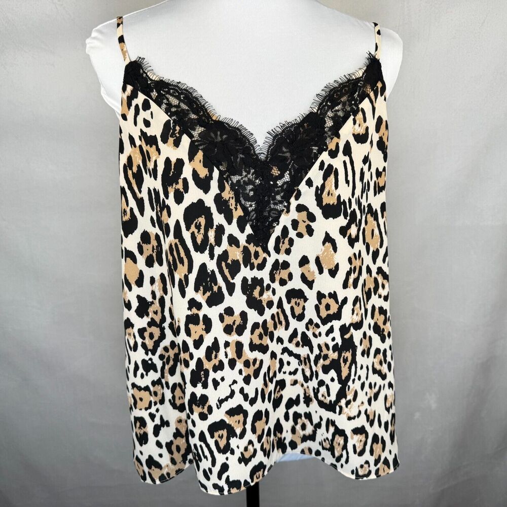 Socialite Tank Cami Sz L Beige V Neck Animal Print Lace Trim Spaghetti Straps